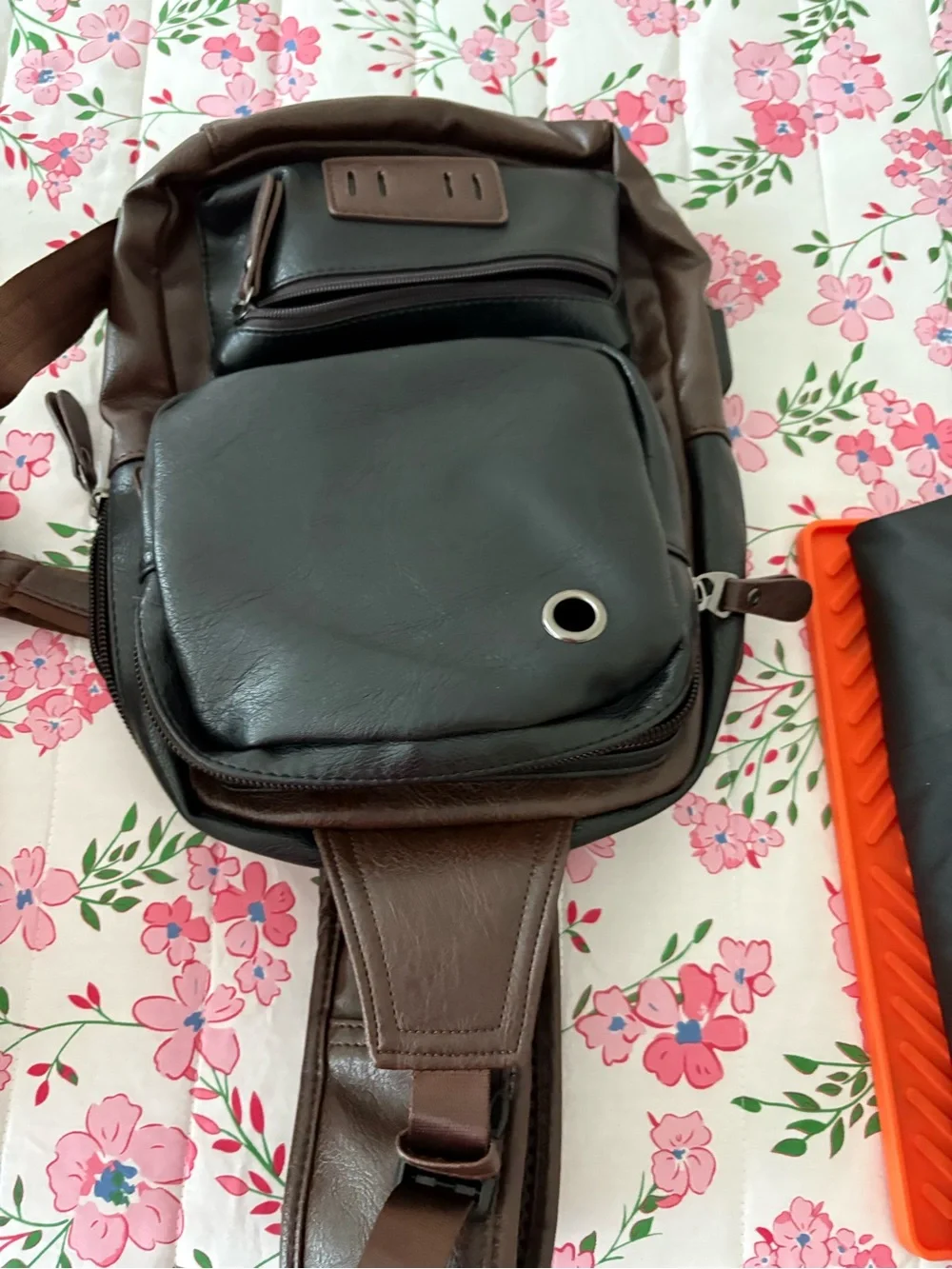 Men's Black and Brown Faux Leather Backpack